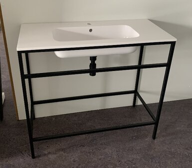 arcqua badmeubel 100x46cm wastafel glans wit 1 kraangat met staand frame mat zwart (showroom model)