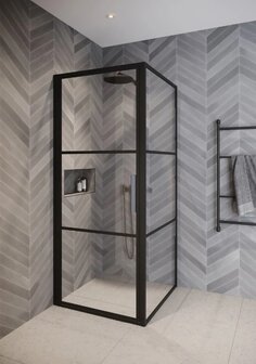 riho grid douchecabine swingdeur 900mm vaste wand 800mm hoog 2000mm kleur mat zwart helder glas