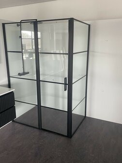 ALONI DOUCHECABINE - DRAAIDEUR EN ZIJWAND - 900 X 1400 X2000 MM - MAT ZWART - HELDER GLAS MET ZWART RASTER